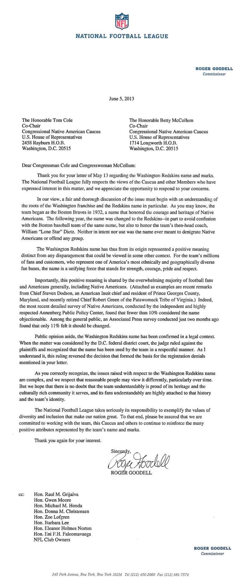 Illustration for article titled Read Roger Goodell's Letter To Congress Defending The Redskins Name